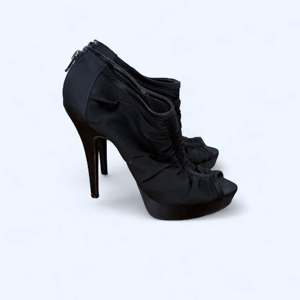 Ruched Mesh Peep Toe Platform Booties Ankle High Stiletto Heels Black Punk Goth